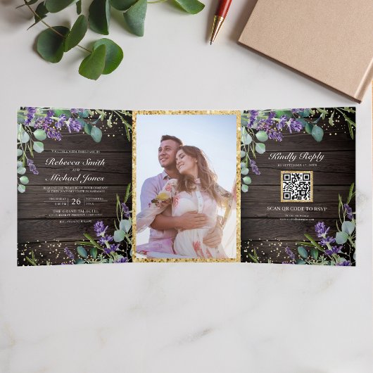 Rustieke Hout Lavendel Eucalyptus QR Code Trouwen Drieluik Uitnodiging