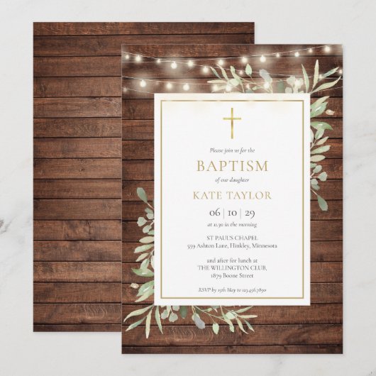 Rustieke hout lichten groen Doop Christening Kaart (Voorkant / Achterkant)