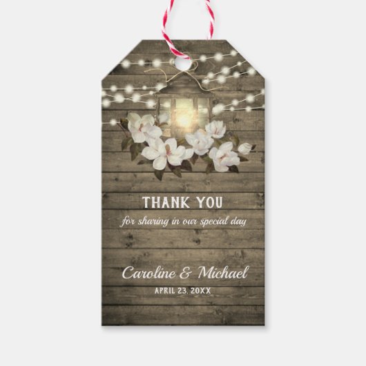 Rustieke Hout Magnolia Lantaarn String Lights Brui Cadeaulabel (Voorkant)