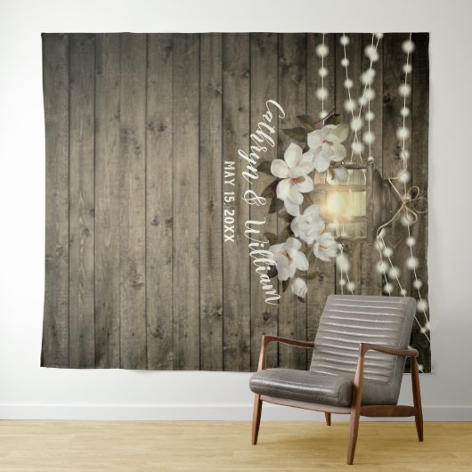 Rustieke Hout Magnolia Lantaarn String Lights Brui Wandkleed (In Situ (horizontaal))