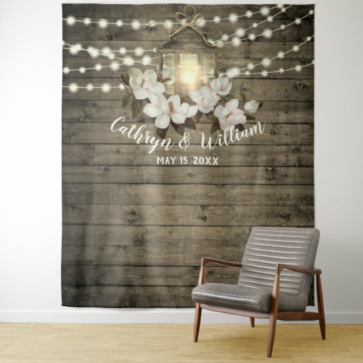 Rustieke Hout Magnolia Lantaarn String Lights Brui Wandkleed (In situ)