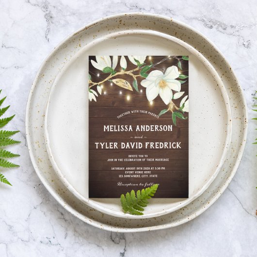 Rustieke hout Magnolia Lights Zuidelijke bruiloft Kaart