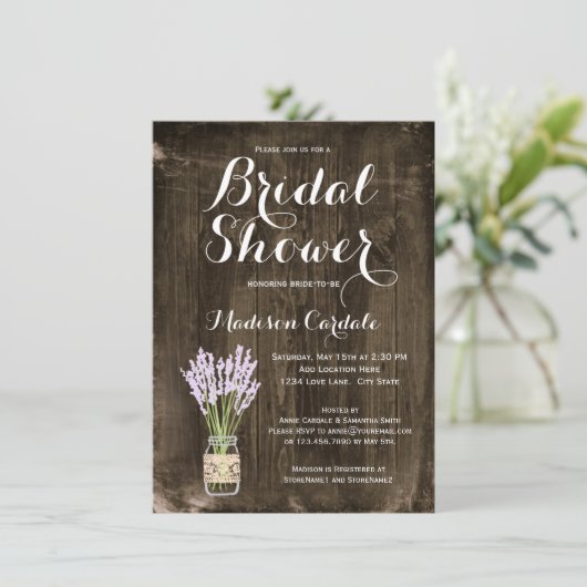 Rustieke hout Mason Jar bruids douche uitnodiginge Kaart (Staand voorkant)