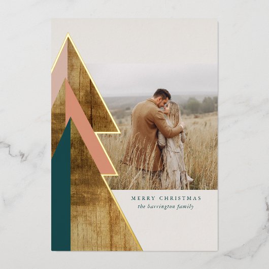 Rustieke hout minimale kerstboom foto folie feestdagenkaart (Voorkant)