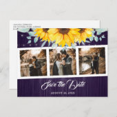 Rustieke hout Paarse zonnebloem bruiloft foto coll Aankondigingskaart (Voorkant / Achterkant)