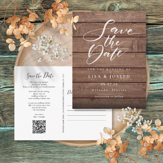Rustieke hout QR-code script save-the-date Briefkaart
