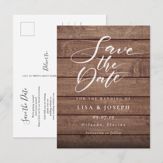 Rustieke hout QR-code script save-the-date Briefkaart (Voorkant / Achterkant)