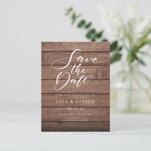 Rustieke hout QR-code script save-the-date Briefkaart (Staand voorkant)