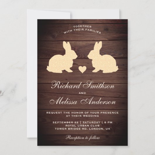 Rustieke hout romantische konijnen bruiloft uitnod kaart (Voorkant)