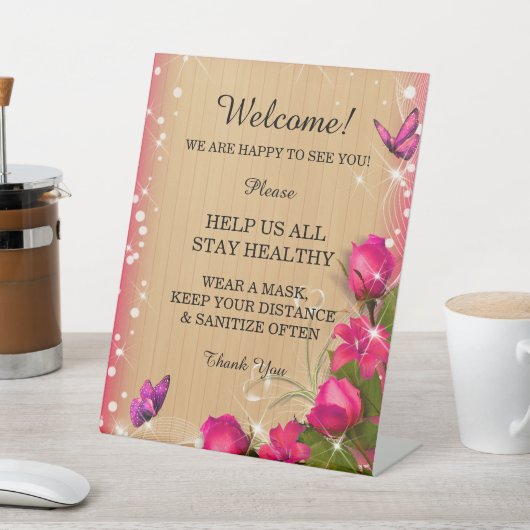 Rustieke hout roze bloemige vlinder bruiloft veili reclamebord met voetstuk (Insitu)