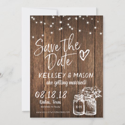 Rustieke hout Save the Date met Mason Jars & Licht Kaart (Voorkant)