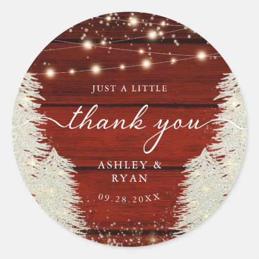 Rustieke hout slingerlichten bomen bruiloft bedank ronde sticker (Voorkant)