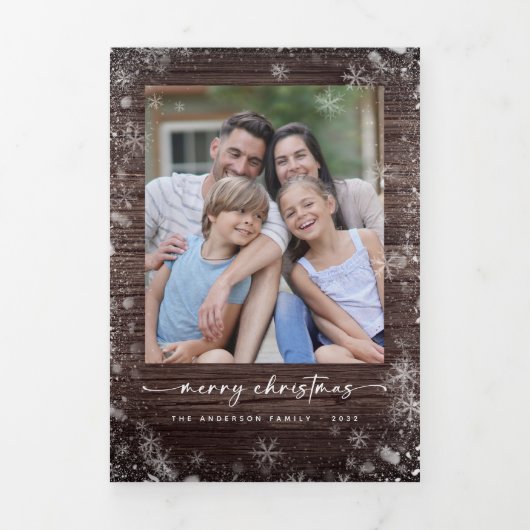 Rustieke hout sneeuwvlokken vrolijk kerst foto's drieluik wenskaart (Cover)