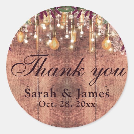Rustieke hout & String Lights Bruiloft dank u Ronde Sticker (Voorkant)