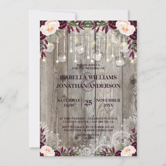 Rustieke hout & String Lights Kant Jar Bruiloft Kaart (Voorkant)