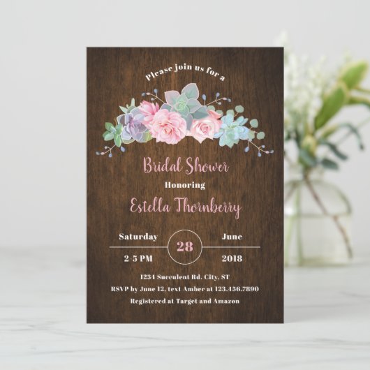 Rustieke Hout Succulent Bruids Douche Uitnodiging (Staand voorkant)