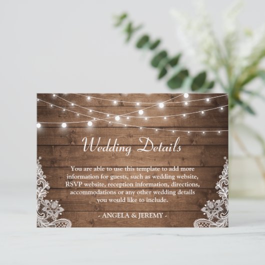Rustieke hout twinkellichtjes kant bruiloft detail informatiekaartje (Staand voorkant)