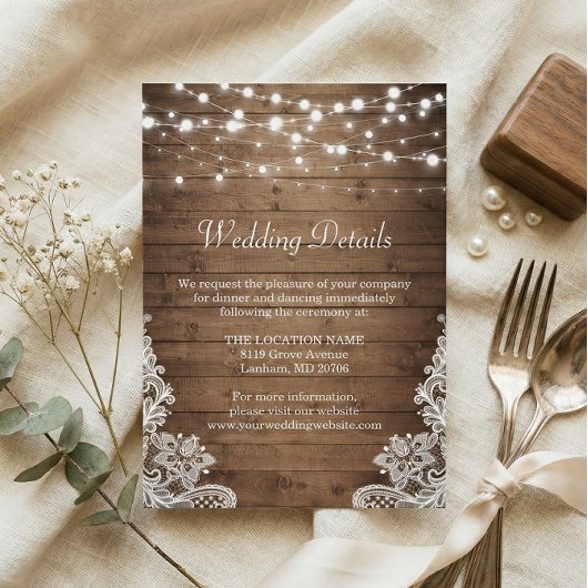 Rustieke hout twinkellichtjes kant bruiloft detail informatiekaartje