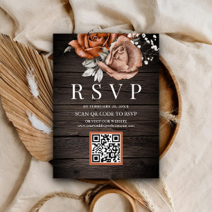 Rustieke hout verbrande oranje roos QR-code RSVP b Informatiekaartje