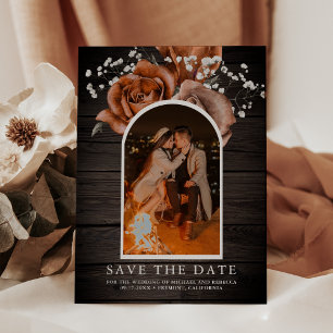 Rustieke hout verbrande oranje roos terracotta bru save the date