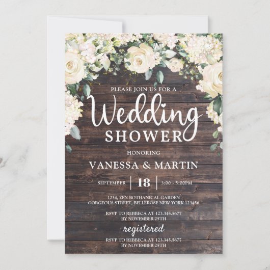 Rustieke  hout wit bloemenbruiloft douche kaart (Voorkant)