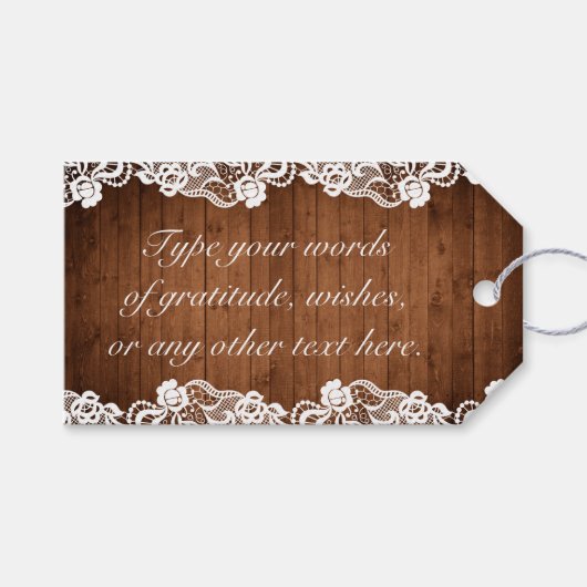 Rustieke Hout & Witte Kant Verjaardag Cadeaulabel (Voorkant (Horizontaal))