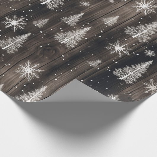 Rustieke hout witte sneeuwvlokken cadeaupapier (Hoek)