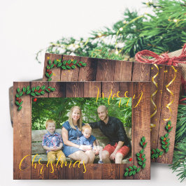 Rustieke hout Xmas familie foto Feestdagenkaart