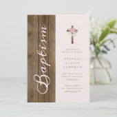 Rustieke Hout & Zachte Roze Doop Kaart (Staand voorkant)