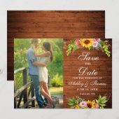 Rustieke hout zonnebloem bloemenfoto save the date (Voorkant / Achterkant)