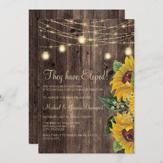 Rustieke hout zonnebloem slingerlichtjes elopement kaart (Voorkant / Achterkant)