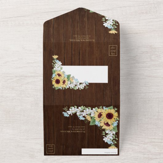 Rustieke Hout Zonnebloem Stofblauw Bloem Bruiloft All In One Uitnodiging (Buitenkant)