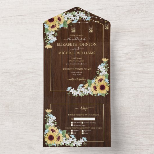 Rustieke Hout Zonnebloem Stofblauw Bloem Bruiloft All In One Uitnodiging (Binnen)