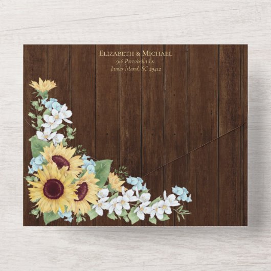 Rustieke Hout Zonnebloem Stofblauw Bloem Bruiloft All In One Uitnodiging (Achterkant)