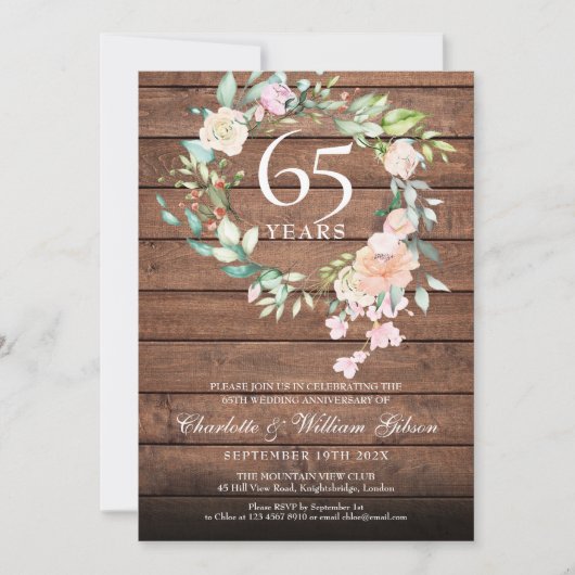 Rustieke houten 45e 65e huwelijksjubileum bloem kaart (Voorkant)