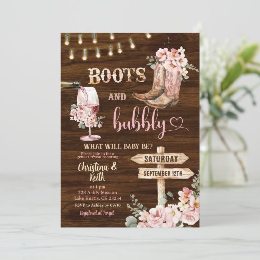 Rustieke houten achtergrond bloemenlaarzen en bubb kaart (Staand voorkant)