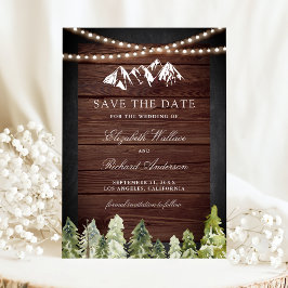 Rustieke houten bergbos foto bruiloft save the date