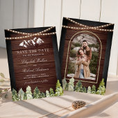 Rustieke houten bergbos foto bruiloft save the date