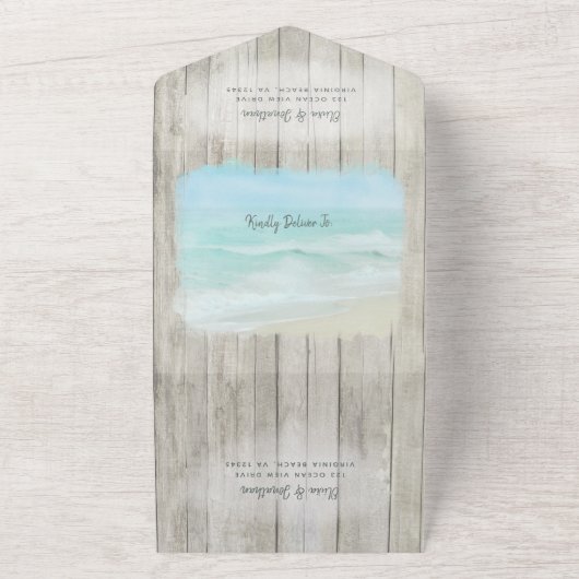 Rustieke houten bestemming Ocean Beach bruiloft All In One Uitnodiging (Buitenkant)