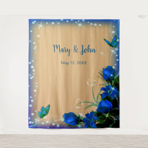 Rustieke Houten Blauwe Bloem Vlinder Achtergrond Wandkleed