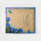 Rustieke houten blauwe bloemen vlinder achtergrond wandkleed (Voorkant (horizontaal))