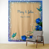 Rustieke houten blauwe bloemen vlinder achtergrond wandkleed (In situ)