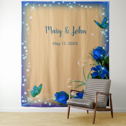 Rustieke houten blauwe bloemen vlinder achtergrond wandkleed (In situ)