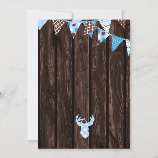 Rustieke houten blauwe geruite herten baby shower  kaart (Achterkant)