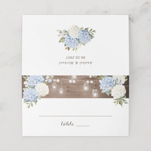 Rustieke Houten Blauwe Hortensia Slingerlichten Me Plaatskaartje (Buitenkant ongevouwen)