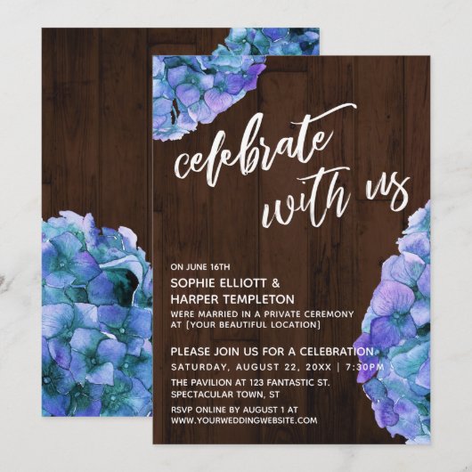 Rustieke Houten Blauwe Hortensia Vier Feest Met On Kaart (Voorkant / Achterkant)