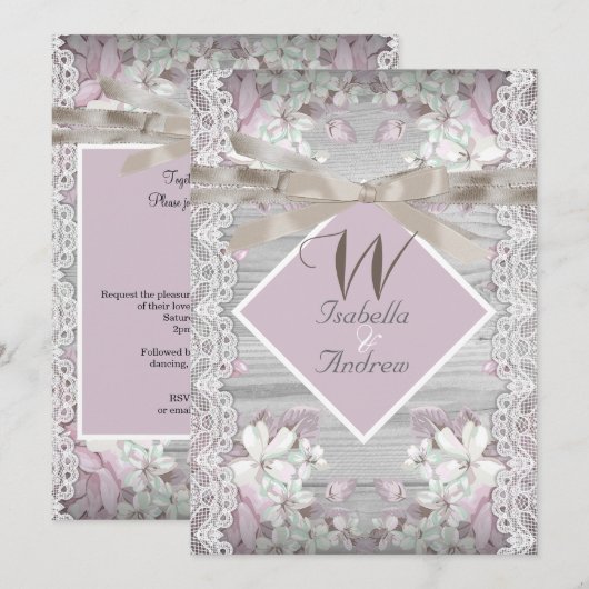 Rustieke houten bloem bruiloft witte kant roze kaart (Voorkant / Achterkant)