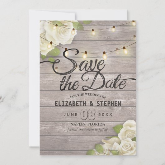 Rustieke Houten Bloem Slingerlichten Save The Date (Voorkant)