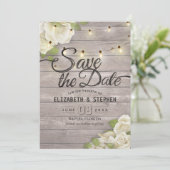 Rustieke Houten Bloem Slingerlichten Save The Date (Staand voorkant)