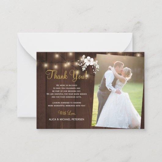 Rustieke houten bloemen 2 foto's bruiloft dank u notitiekaartje (Voorkant)